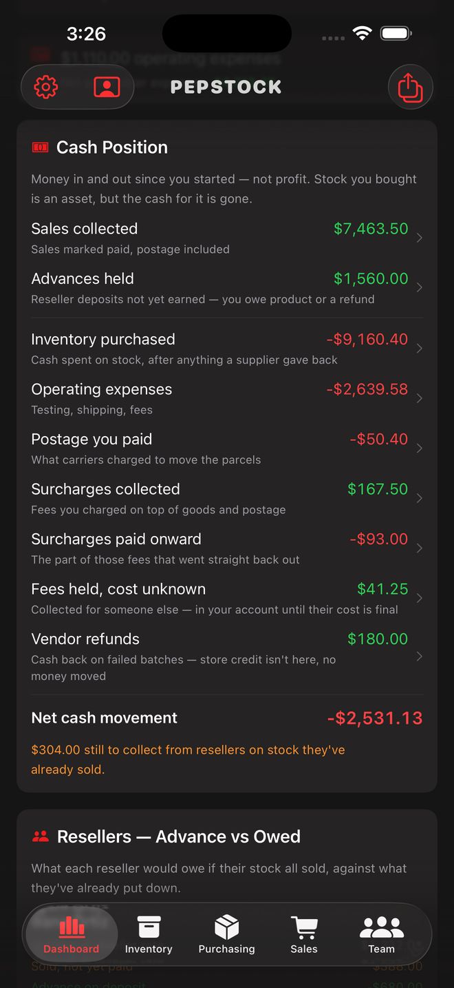 Cash Position breaking out sales collected, advances held, inventory purchased, operating expenses and vendor refunds
