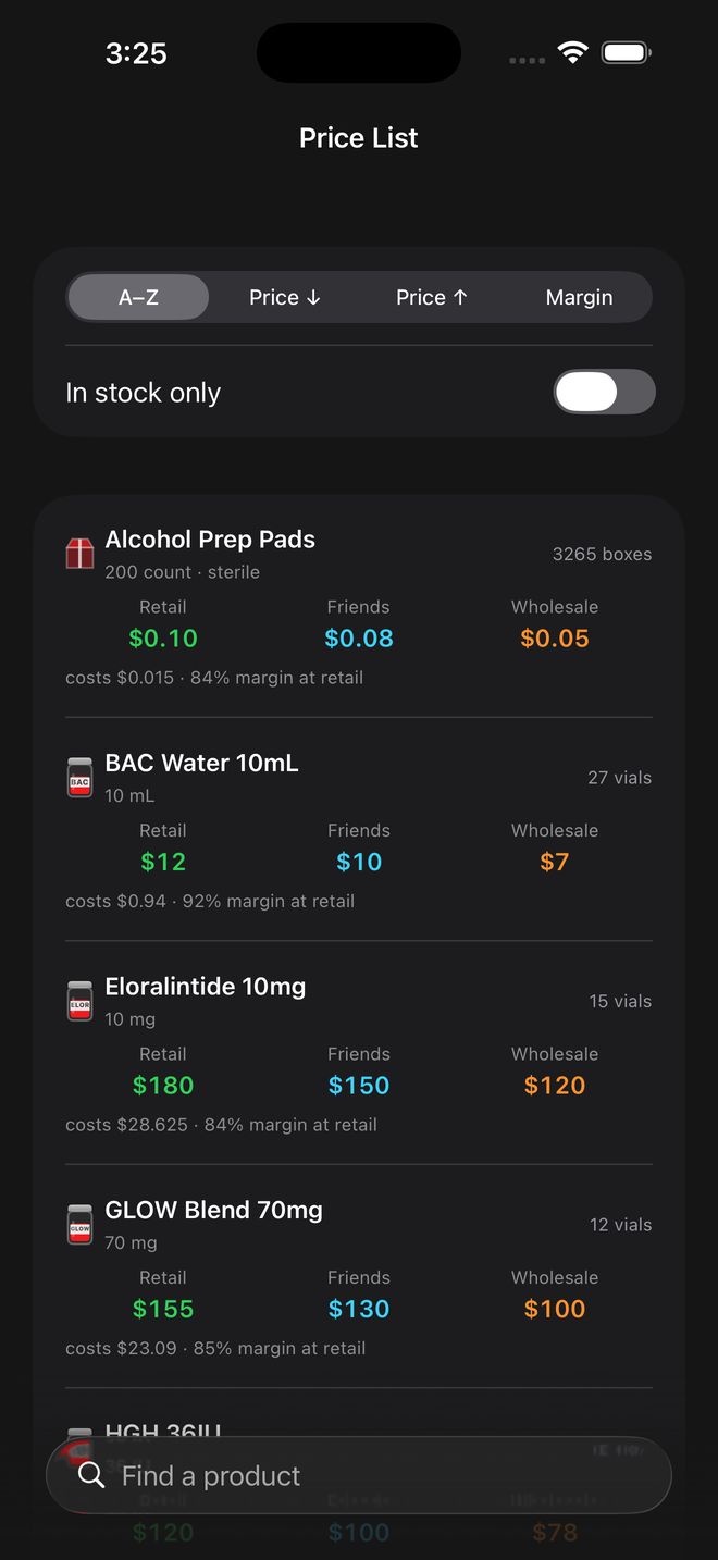 Price list with strength and spec under each product name