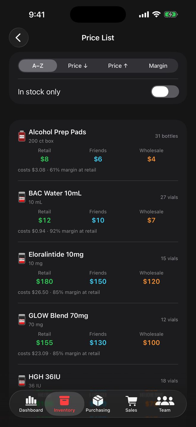 Price list with strength and spec under each product name