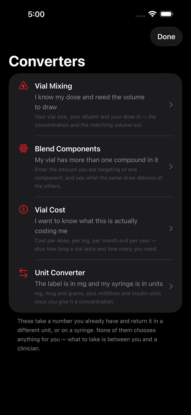 Five calculators: reconstitution, blend dose, GLP-1 titration, vial cost and unit converter