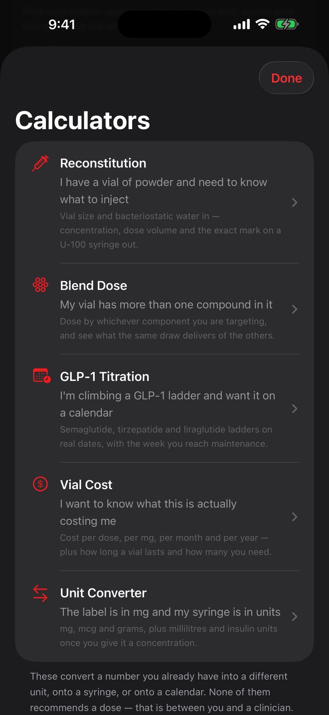 Five calculators: reconstitution, blend dose, GLP-1 titration, vial cost and unit converter