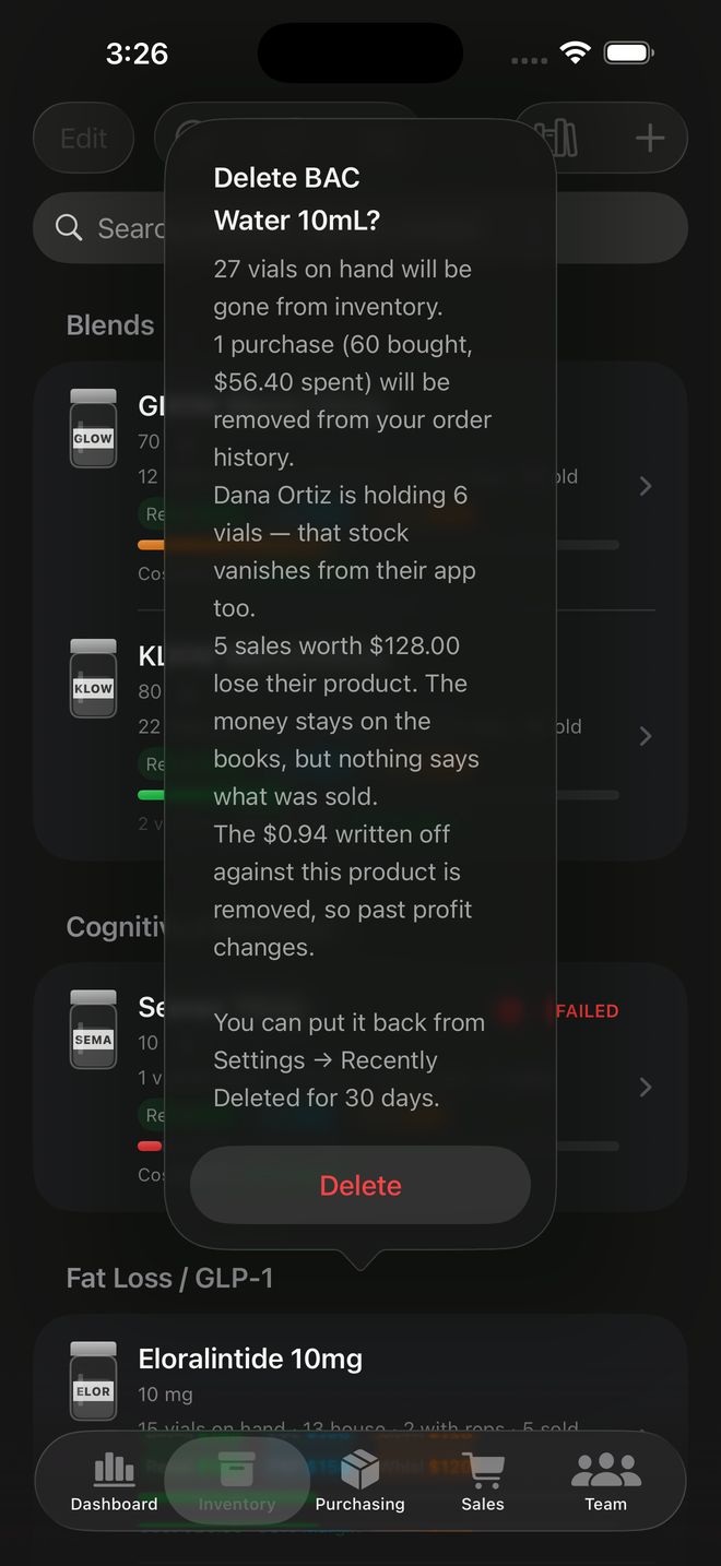 A delete confirmation naming the stock, purchases, reseller holdings and sales that would be affected