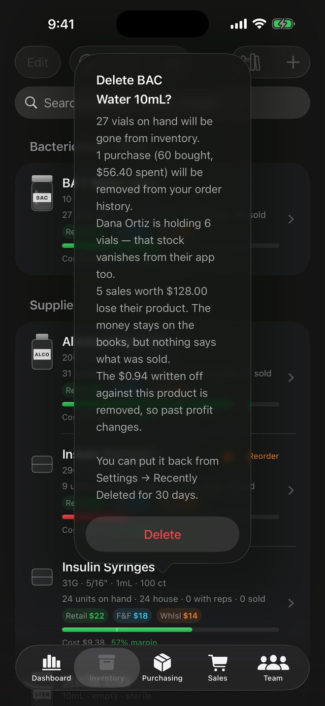 A delete confirmation naming the stock, purchases, reseller holdings and sales that would be affected